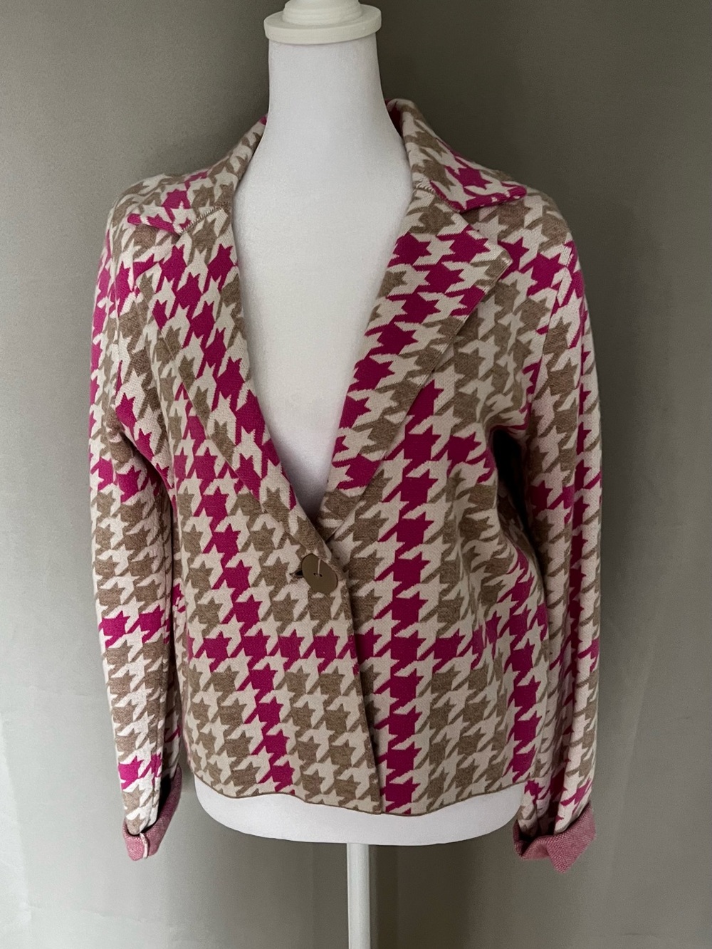Jones New YorkWoven Houndstooth Button-Front Jacket in Pink & Tan